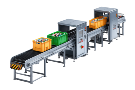 Industrial sorting machine processing colorful plastic waste on conveyor belts - Powered by Adobe