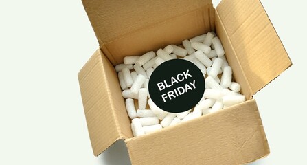 Black Friday shopping online concept. Black Friday sticker on sustainable packages. Shopping sales...