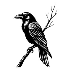 Raven perched on branch in black and white isolated PNG with Transparent Background