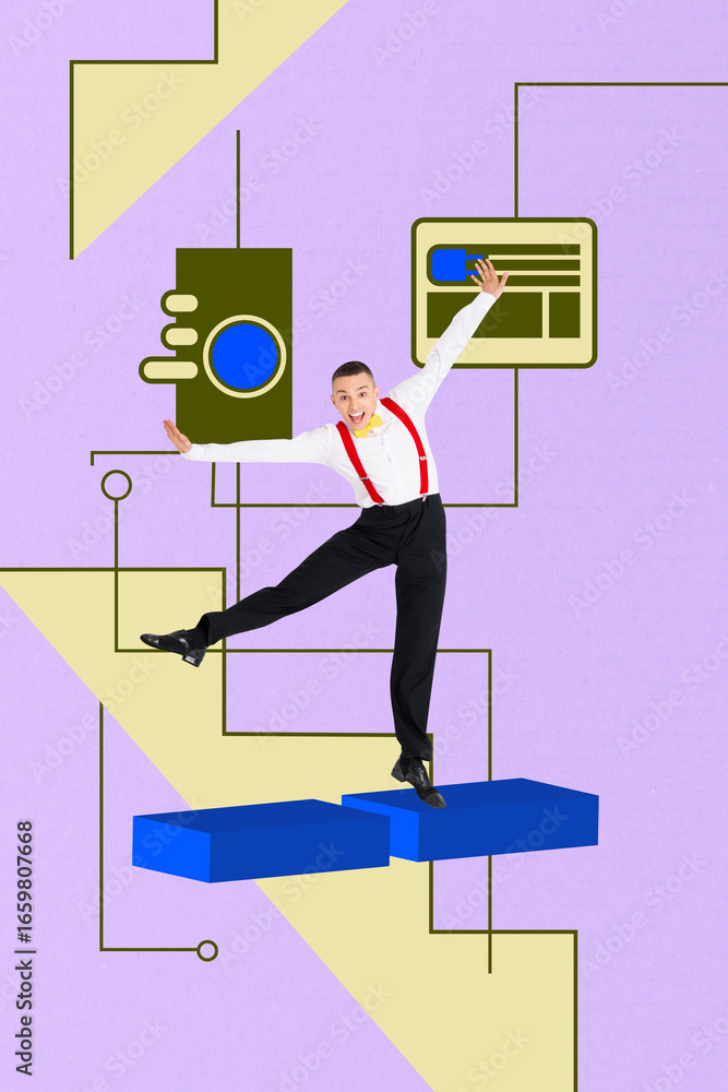 Poster vertical image sketch vertical collage of happy businesswoman stand interface button target algorith