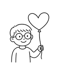Obraz premium Doodle line comic style vector illustration asian boy with round glasses holding heart shaped balloon for valentine day black outline simple imperfect lines minimal details isolated on white