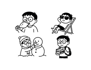 Doodle line comic style vector illustration asian boy with round glasses eating turkey leg thanksgiving mood black outline simple imperfect lines minimal details isolated on white Doodle