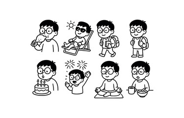 Doodle line comic style vector illustration asian boy with round glasses eating turkey leg thanksgiving mood black outline simple imperfect lines minimal details isolated on white Doodle