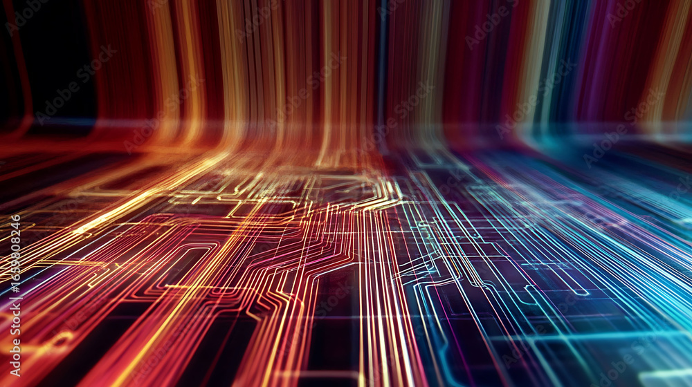 Poster abstract digital artwork depicting vibrant, glowing circuit lines converging into a dynamic perspect