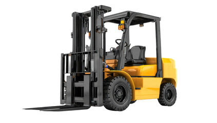 Fototapeta premium Bright yellow forklift isolated on black background; industrial, warehouse equipment