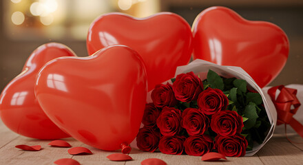 Romantic Red Roses Bouquet, Glossy Heart Balloons, and Scattered Petals on Wooden Floor for Valentine's Day