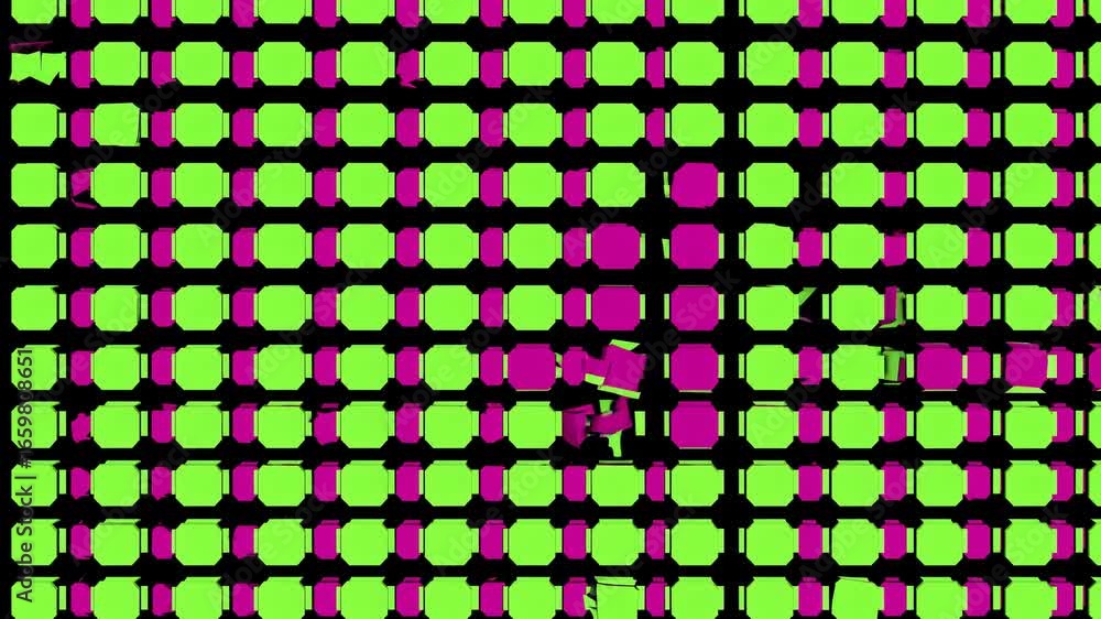 Poster colorful checkered animation featuring vibrant green and purple squares shifting against a black bac