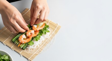 Hands preparing vibrant fresh spring rolls with shrimp and vegetables on a bamboo mat showcasing global culinary diversity and healthy eating practices