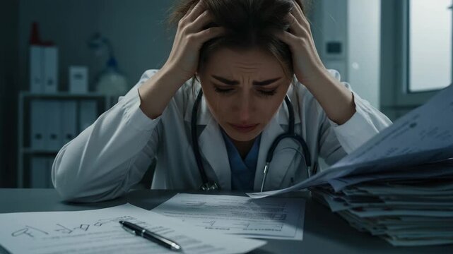 Stress, burnout and emotional exhaustion of young female doctor overwhelmed by paperwork and responsibilities in hospital office at night during shift alone