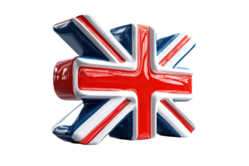 3D rendition of a glossy, colorful Union Jack flag, isolated on black