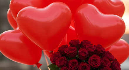 Romantic Red Heart Balloons and Deep Red Roses Bouquet for Love and Valentine's Day Celebration
