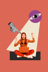Composite sketch design artwork 3D collage of young lady excited sit work laptop eye spy security data scrutiny escape focus look control