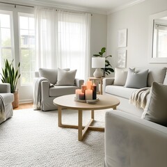 Fototapeta premium Cozy Living Room with Neutral Colors, Candles, and Comfortable Furniture Design