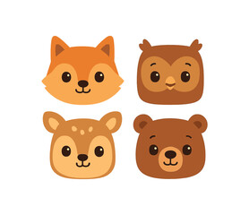 Obraz premium Draw cute animals flat vector style each face inside rounded shape. minimal details and flat colors with 2 shades max. Faces should be friendly and childlike with big eyes small smiles and