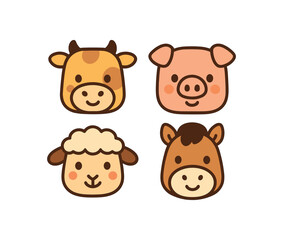 Naklejka premium Draw cute farm animals flat vector style each face inside rounded shape. Use simple bold lines minimal details and flat colors with 2 shades max. Faces should be friendly and childlike with