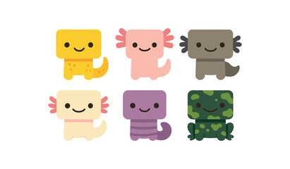 six flat vector of animals with perfectly heads and rounded corners minimal details flat colors child friendly style simple eyes and smiles like illustrations for kids books or flashcards: