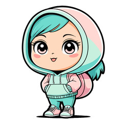 Cute cartoon chibi girl with teal hair wearing a pink and teal hoodie and backpack, standing with hands in pockets.
