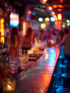 Lively nightlife at a vibrant bar featuring colorful lights and refreshing drinks