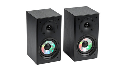 Obraz premium Two square black speakers with colorful rgb led lighting in a clover pattern are displayed isolated on solid white background