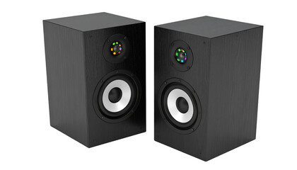 Obraz premium Two square black speakers with colorful rgb led lighting in a clover pattern are displayed isolated on solid white background in Png form/