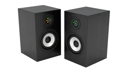 Two square black speakers with colorful rgb led lighting in a clover pattern are displayed isolated on solid white background in Png form/