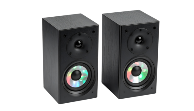 Two square black speakers with colorful rgb led lighting in a clover pattern are displayed isolated on solid white background