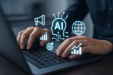 Hands typing on a laptop with AI icons and graphs