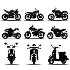 Obraz premium Collection of nine black silhouette motorcycle and scooter designs.