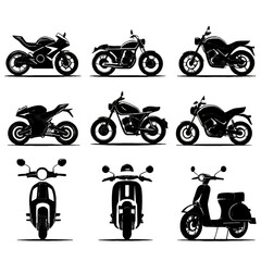 Obraz premium Collection of nine black silhouette motorcycle and scooter designs.