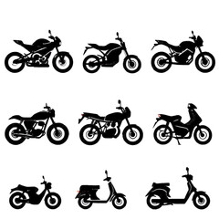 Obraz premium Nine black silhouettes of various motorcycles and scooters, showcasing different styles and designs.