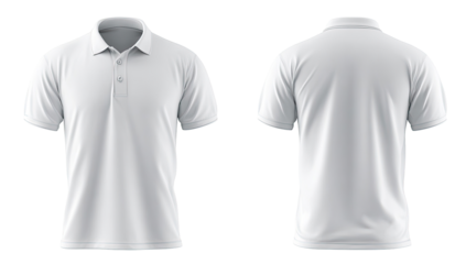Front and back view of a plain white polo shirt.  Short-sleeved, collared top with a button placket.  Rendered digitally as a product mockup