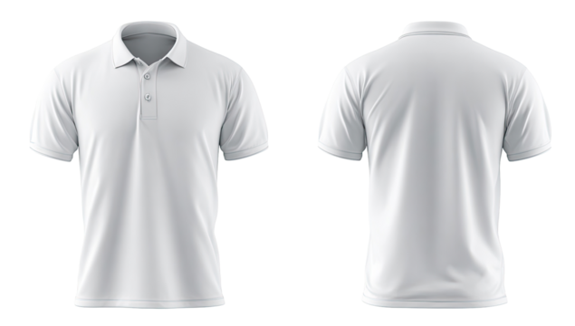 Front and back view of a plain white polo shirt.  Short-sleeved, collared top with a button placket.  Rendered digitally as a product mockup