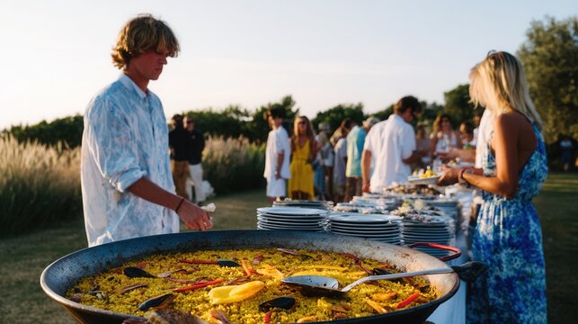 Outdoor summer party buffet serving traditional paella dish in relaxed atmosphere