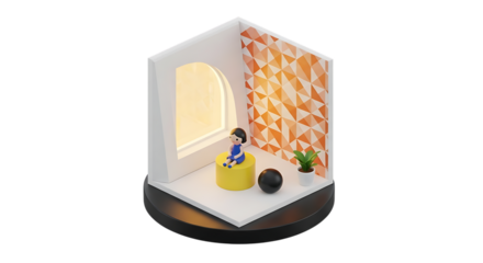Miniature room interior with geometric pattern wall and figure isolated on transparent background
