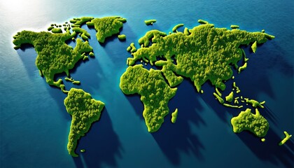 World map depicted as lush green continents covered in trees floating on a deep blue ocean. This visual represents environmental concepts like nature, ecology, and global sustainability.