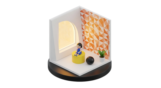 Miniature room interior with geometric pattern wall and figure isolated on transparent background