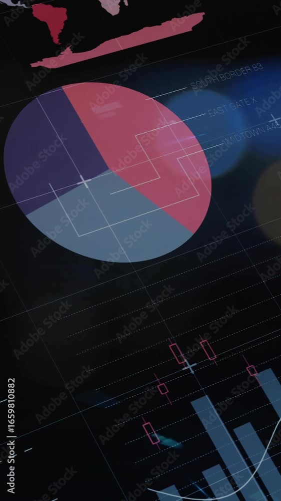 Poster financial charts and pie graphs animation over global data analysis background
