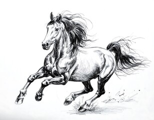 Detailed black and white drawing of a galloping horse