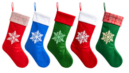 Christmas Eve gift stocking sock green, blue, red PNG set, cutout isolated on transparent background. Winter holiday season decoration with snowflakes graphic PNG cut out