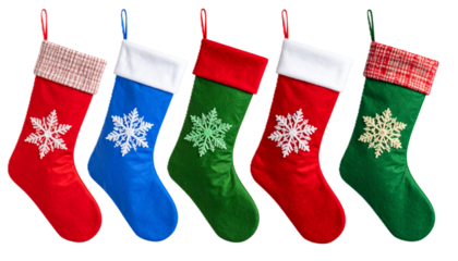 Christmas Eve gift stocking sock green, blue, red PNG set, cutout isolated on transparent background. Winter holiday season decoration with snowflakes graphic PNG cut out