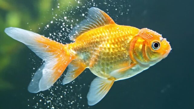 Close-up of a vibrant orange Oranda goldfish swimming gracefully amidst sparkling air bubbles in a freshwater aquarium