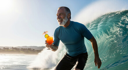 Cheerful stylish senior man is surfing, holding a cocktail in his hands. Travel and summer vacation concept, hello summer