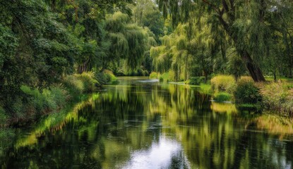 beautiful river flows through the lush green forest