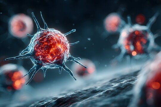 autoimmunity depicted as immune cells attacking healthy tissue in blue and red scientific visualization.