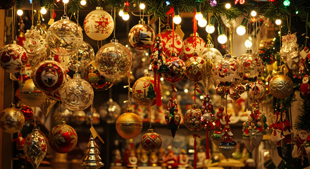 Sparkling Christmas Ornaments and Festive Lights on Evergreen Garland at a Holiday Market