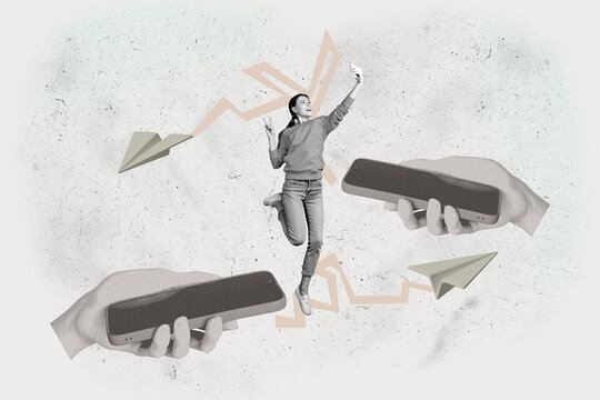 Exclusive pop creative collage of happy girl guy stand hands hold phone message networking paper plane communication speech - Powered by Adobe