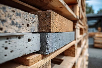 Close-up of stacked construction materials featuring various types of bricks, showcasing their textures and colors in a well-organized setting.