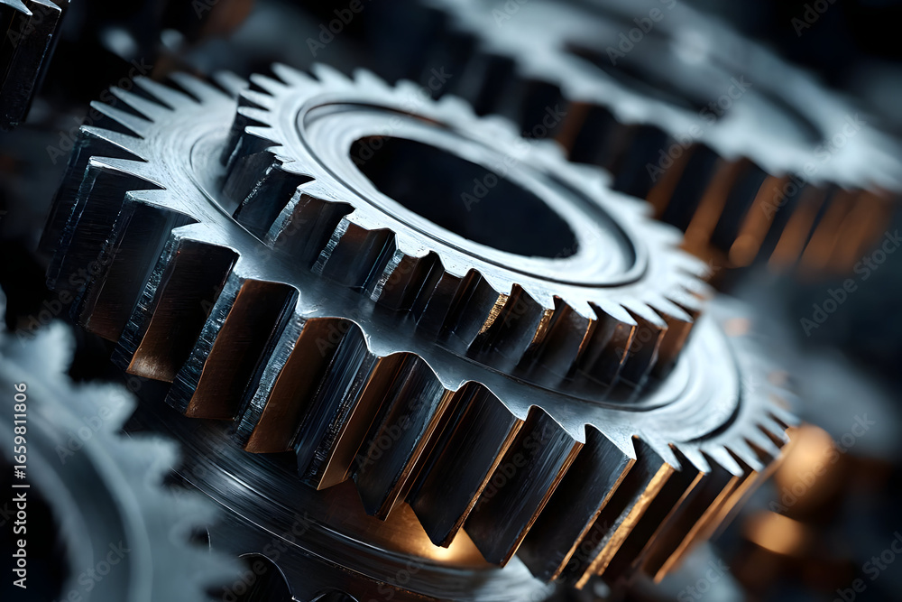 Poster close-up view of metallic gears interlocking in a mechanical setting, showcasing intricate details a