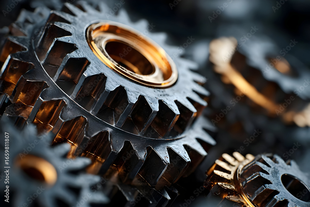 Poster close-up view of metallic gears with intricate details, representing machinery and engineering. perf