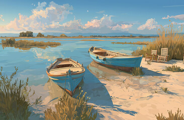 A beautiful, realistic digital painting of two wooden boats on the shore
